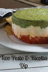 Layered Two Pesto and Ricotta Dip recipe features three distinct layers of red and green pesto with blended cheeses paired with Food Should Taste Good™ chips. | #foodshouldtastegood #sp | www.savoryexperiments.com