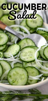 This Cucumber Salad is a summer favorite! This cucumber salad recipes includes onions, cucumbers, dill, vinegar and even tomatoes if you desire! #spendwithpennies #cucumbersalad #sidedish #grilling #barbecue #summer