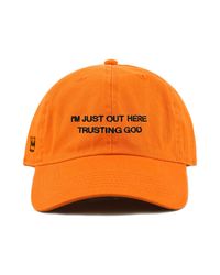 "I'm Just Out Here Trusting God" Embroidered 100% Cotton Unstructured, six-panel, low-profile Pre-curved visor Adjustable Metal Buckle Back Closure