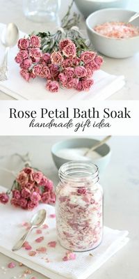 Put together a jar of rose petal bath soak to keep or give away. A luxurious way to relax and unwind after a long day! #diybathsoak #roses #handmadebodycare