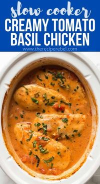 This Slow Cooker Creamy Tomato Basil Chicken is SO easy and flavorful, you wouldn't believe it only has just a few ingredients! The perfect easy dinner recipe for busy weeknights! #chicken #chickenbreast #slowcooker #crockpot #dinner