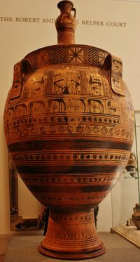 Terracotta Krater with a lid surmounted by a small hydria, Greek Euboean, ca. 750-740 B.C., Metropolitan Museum of Arts. During the 8th century B.C. the Geometric style that had originated in Athens spread throughout the Greek speaking world. This Krater is different than other Kraters in the Geometric style from Attica. The shoulder is subdivided by four handles rather than two, and the carpet like decoration was applied over a light ceramic slip ground instead of directly onto the clay.