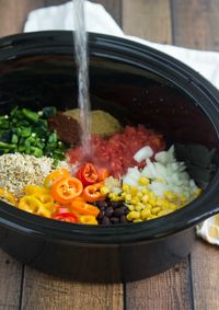 A one-dish, slow-cooker tex mex quinoa casserole. This casserole is bursting with fresh and healthy flavors with some good spice. This dish is vegetarian, but chicken, ground beef, or ground turkey can easily be added in.