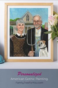 American Gothic personalized for the couple. Hand-painted in watercolor. Include your pets, your kids and whatever else you'd like. You can even substitute the original house in Grant Wood's painting for your family home. #americangothic #funny #anniversary #gifts #parents #friends #wife #husband