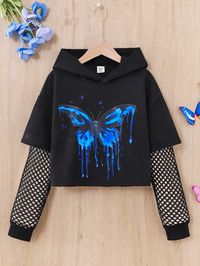 Tween Girl Butterfly Print Contrast Fishnet Hoodie Black Casual  Short Sleeve Fabric Butterfly Pullovers Slight Stretch  Tween Girls Clothing, size features are:Bust: ,Length: ,Sleeve Length: