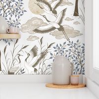 (L) Crane and golden sun vintage Wallpaper | Spoonflower