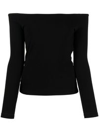 off-shoulder fine-ribbed blouse from JOHN ELLIOTT featuring jet black, stretch-design, fine ribbed, off-shoulder, long sleeves and straight hem. | John Elliott Off-Shoulder Fine-Ribbed Blouse