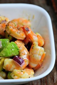 Shrimp Avocado Salad. Cooked shrimp, diced avocado, diced red onion, and a vinaigrette. D'oh!