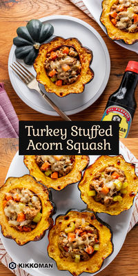 Enjoy a cozy and flavorful meal with this Turkey Stuffed Acorn Squash! Tender roasted squash is filled with a savory mix of ground turkey, vegetables, and Kikkoman® Soy Sauce, then topped with melted gruyere cheese. A perfect fall dish, ready in just over an hour! Visit KikkomanUSA.com for more delicious inspo!