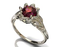 You'll be thrilled with this dazzling, handmade Ruby Engagement Ring. Its vibrantly detailed design and radiant red ruby reflect passion and individuality. Stylish and elegant, it's a look that's sure to stand the test of time and love for each other. This unique ring is made from solid, 14kt white gold that forms a graceful leaf and petals of the lotus flower. A sparkling, round ruby sits at the center, completing the image of a beautiful lotus flower. ★See A Video Of This Amazing Ring Here★ ht