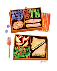 Food illustration for publishing, branding, editorial. Editorial Food Illustration of bento box lunch created for article on lunch box ideas. Including sandwich, apples, salad, cookies, blueberries, pretzels, celery, ham and cheese roll ups.