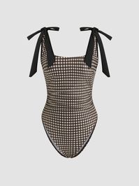 Knit Fabric Shaping Gingham Bowknot Ruched One Piece Swimsuit For Vacation Swimming Pool