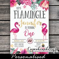 Let’s Flamingle Birthday Invitations feature two pink flamingos and tropical flowers in beautiful shades of pink against a white backdrop. #CustomInvitations #PersonalizedInvitations #SummerParty #partyideas #summerbirthday #flamingoparty #flamingofirstbirthday #flamingo #letsflamingle