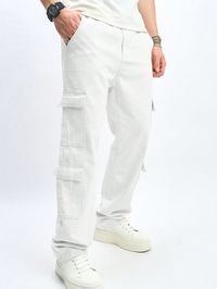 Men's Multi Pockets Straight-Leg Loose Fit Casual Jeans White    Denim Plain Straight Leg Non-Stretch  Men Clothing, size features are:Bust: ,Length: ,Sleeve Length: