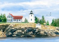 "Burnt Coat Harbor Light" is a watercolor art print of a painting by Beth Whitney.    This beautiful lighthouse is located on Hockamock Head, at the entrance to Burnt Coat Harbor.  You can visit the lighthouse by taking the Swan's Island Ferry from Bass Harbor.  How's that for a complicated description?  The lighthouse is particularly striking because of the vibrant red roof and square tower.  My reference photo was taken in the early fall when the grass is nice and golden (thanks Dad!). This is