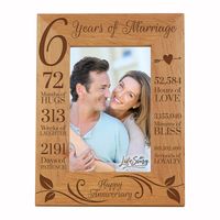 Engraved Anniversary Picture Frame Dimensions: 8" x 10" Frame holds a 4" x 6" photo Celebrate your special anniversary day with your lover by enjoying LifeSong Milestones Solid Wood Wedding Anniversary Picture Frame. Get this gift as a keepsake to remember your special day you made the ultimate bond. LifeSong Milestones has created the perfect Sixth Anniversary photo frame gift. Wooden picture frames were designed, handcrafted, and engraved by © 2019 LifeSong Milestones.