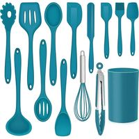 Are your non-stick pans or pots always scratched or damaged by the metal cooking utensils? Are you looking for a value kitchen silicone utensils set for preparing meals? Go for this 14-Piece Silicone Kitchen Utensils with Holder, a great set will satisfy all your cooking needs for stirring, mixing, baking and cooking. Color: Blue.