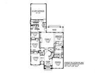 Main level floor plan of a two-story 5-bedroom Mediterranean home with foyer, family room, formal dining room, kitchen, breakfast area, study, living room, and a bedroom.