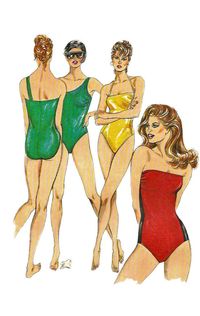 Kwik Sew 1431, Misses swimsuit has forward side seams with gathers at bust, high or regular cut leg openings. All edges are finished with elastic. View A and B have optional shoulder strap. View B has contrasting fabric back. View C has one shoulder strap which is one with the front. Copyright: 1985 Size: 6 - 8 - 10 - 12 Bust: 32 1/2 - 34 - 35 1/2 - 37 Waist: 23 1/2 - 24 1/2 - 25 1/2 - 27 Hip: 34 - 35 1/2 - 37 - 38 1/2 This pattern is uncut and factory folded. The envelope has tattering. OR Size