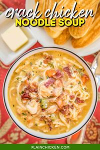 Crack Chicken Noodle Soup - this soup should come with a warning label! SO GOOD!!! Ready in 30 minutes! Chicken, cheese soup, milk, chicken broth, celery, carrots, ranch mix, bacon, cheddar cheese, and egg noodles. Everyone went back for seconds - even our super picky eaters! A great kid-friendly dinner!! We love this soup! #soup #bacon #chickennoodlesoup #crackchicken