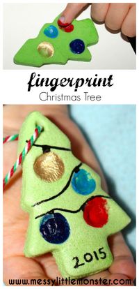 Fingerprint christmas tree ornament, gift tag or keepsake made from salt dough. A great Christmas craft for toddlers, preschoolers or older kids.