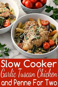 Slow Cooker Garlic Tuscan Chicken is coated in a light and creamy Parmesan cheese sauce filled with garlic, baby bella mushrooms, onion, cherry tomatoes, and spinach! This has really great flavor and is all done in one pot. #TuscanChicken #garlic #pasta #SlowCooker #Crockpot #DinnerForTwo #LunchForTwo #RecipesForTwo via @ZonaCooks