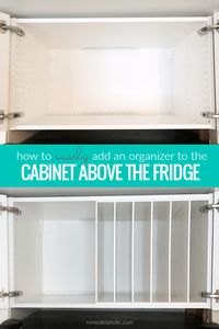 What can you store above the fridge? This DIY Over the Fridge Cabinet Organizer is perfect for storing cookie sheets and cutting boards above the fridge, with room for large pots and other kitchen items, too. Get the DIY tutorial for this easy IKEA kitchen cabinet hack at #Remodelaholic. #kitchenorganization #cabinetdivider