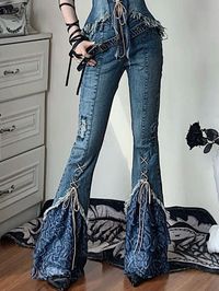 Patchwork Design Denim Flare Pants Lace-up Detail