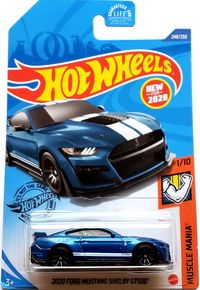 Hot Wheels Mainlines, also known as the Basic Car assortment, feature 250 different models each year to collect. Hot Wheels Mainline vehicles are made with a combination of diecast and plastic (depending on design.) Most vehicles are designed to be used with Hot Wheels Track Sets and Play Sets. Approximately 1:64 Scale. The 2020 Ford Mustang Shelby GT500 finished in Deep Blue Metallic. New for 2020. #248 of 250 from the 2020 Hot Wheels Mainline Collection. #1 of 10 from the Muscle Mania Collecti