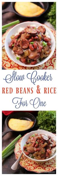 Slow Cooker Red Beans and Rice For One - full of flavor and absolutely delicious! An easy, no-fuss single serving recipe. | ONE DISH KITCHEN - Your Cooking For One Source