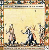 1252-84.Alfonso X of Castile. Cantigas de Santa María. Library of the Monastery of El Escorial manuscripts. Medieval baseball (El juego de la Pelota)