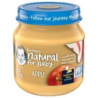 Gerber 1st Foods Natural Apple Baby Food makes it easy to start your baby's lifelong love of fruit. This non-GMO baby food stage 1 recipe features naturally sweet apples and offers 2-1/2 servings of fruit. Gerber apple puree is unsweetened with no artificial colors or flavors and no added starch. Offering the perfect texture for introducing solids to supported sitters, this single fruit puree is ideal for trying new tastes and checking for sensitivities. Tuck these convenient glass jars into you