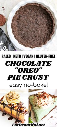 Paleo & Keto Chocolate “Oreo” Pie Crust is a versatile no-bake crust rich with cocoa-flavored cookie crumbs. Perfect for refrigerator and freezer pies. Also Low Carb, Vegan and Gluten-free. | Eat Beautiful Recipes | keto oreo pie crust | paleo oreo pie crust | chocolate pie crust | chocolate oreo pie crust | keto | paleo | low carb | vegan | gluten free || #chocolate #oreo #piecrust #keto #paleo #vegan #glutenfree #lowcarb