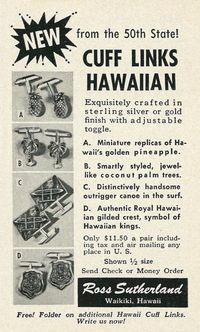 1950s Advertising: 1959 Men's Jewelry / Accessory Ad, Playboy, Crafted Hawaiian Cuff Links by Ross Sutherland, in Silver or Gold | Tagline: "New from the 50th State!"  Published in Playboy magazine, June 1959 - Vol. 6 No. 6. Vintage Cufflinks Ad/ Tiki Style/ 1950s Fashion. #1950s #1950sfashion #Mensaccessories #Cufflinks #vintagead #mensfashion #Tiki #Tikistyle #Hawaii