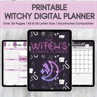 The Witch's Ultimate Planner features over 30 printable pages with colorful witchy backgrounds and magical elements. Enhance your witchy organization and manifestation with our Printable Witchy Planner. This digital download offers a versatile and customizable planning experience for all your magical endeavors. Designed specifically for witches, this planner features sections for tarot journaling, spell tracking, manifesting, and more. With its enchanting design elements this printable planner w