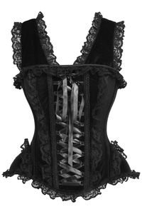 Overbust corset made of velvet and lace fabrics 10 Spiral Steel boned with 2 Flat steel bones Delicate lace detailing Ribbon tie closure at back for cinching Privacy Panel Lined Hand Wash