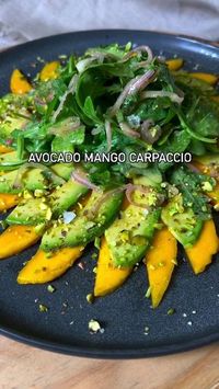 Foods For Weight Loss - Vegan | Vegetarian on Instagram: "[🔴 INGREDIENTS 👇] Avocado Mango Carpaccio by @thetastefulblonde. . INGREDIENTS: •	3 ripe mangos (cut into very thin slices). •	1 ripe avocado (cut into thin slices). •	2 cups arugula. •	1/4 cup chopped raw pistachios  VINAIGRETTE: •	1 shallot. •	1 lemon juice (allow shallot to sit in lemon juice for at least 10 minutes before adding the rest of ingredients to get rid of that sharp onion taste).. •	2 tbsp extra virgin olive oil. •	1 tbsp maple syrup. •	1 tbsp dijon mustard. •	Salt and pepper to taste. •	1 tbsp chopped mint. •	1 tbsp chopped cilantro. •	1 tbsp chopped basil."