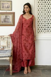 Shop for Taro Red Chanderi Silk Kurta Set for Women Online at Aza Fashions