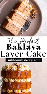 This baklava layer cake has layers of honey cake that are brushed with a honey milk cake soak, filled with a honey walnut filling and honey buttercream, and drizzled with extra honey.