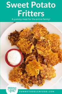 Sweet potato fritters on white plate with dip.