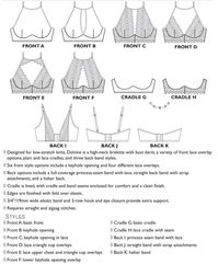 Delvine Bralette PDF sewing pattern: high neck bra for low stretch fabrics Designed for low-stretch knits, Delvine is a high-neck bralette with bust darts, a variety of front lace overlay options, plain and lace cradles, and three back band styles. Six front style options include a keyhole opening and four different lace overlays. Back options include a full-coverage princess-seam band with lace, straight back band with strap attachments, and a halter back. Cradle is lined, with cradle and band