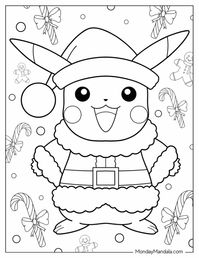 Cute Pikachu Wearing Santa Hat Christmas Coloring Sheet