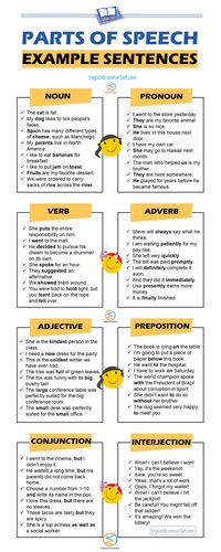 Parts of Speech Examples You will find here mixed sentences i.e. sentences of nouns, pronouns, verbs, adverbs, adjectives, preposition, conjunction and interjection.