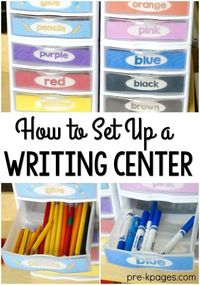 Preschool Writing Center Set Up. How to set up a writing center in your preschool, pre-k, or kindergarten classroom. Pictures and must have supply list.