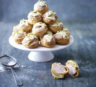 Raspberry, white chocolate & pistachio profiteroles