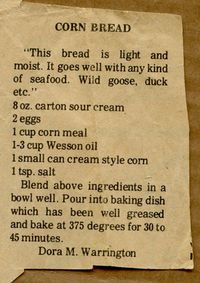 recipe cornbread newspaper clipping- I made cornbread using this recipe.  You can replace the sour cream with buttermilk.  It is mighty good!