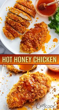 This Hot Honey Chicken is oven baked to crispy perfection and drizzled with sweet and spicy Hot Honey Sauce! This is an easy dinner idea for kids and adults and pair well with rice!