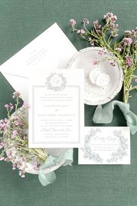 Adored for its unique composition and modern border design, the Elizabeth Suite is the perfect way to set the tone for your wedding day. With a selection of crests and monograms, as well as an expertly paired script and serif typesetting, Elizabeth showcases a timeless appeal and captivates with a hint of modern flair.