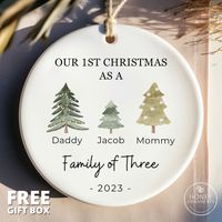 "Family of Three Christmas Ornament - Family of 3 - Family Ornament - Personalized Baby's First Christmas Ornament, First Christmas Ornament Our Baby's First Christmas Ornament lets you celebrate your baby's very first Christmas.  Your baby will love to see his/her name on the ornament every time you put it on display.  100% HAPPINESS GUARANTEED - Our #1 priority here at HoneyOrnaments is your happiness. This means we stand by our product 100%, no matter what, no questions asked, no holds barred