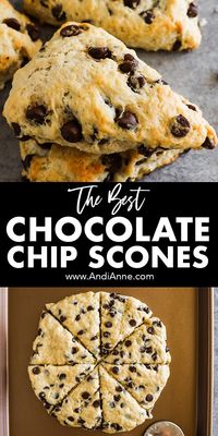 These chocolate chip scones are truly the perfect brunch addition! Made with an easy homemade dough and piled with delicious chocolate chips, these scones are golden brown on the outside and tender flaky on the inside.